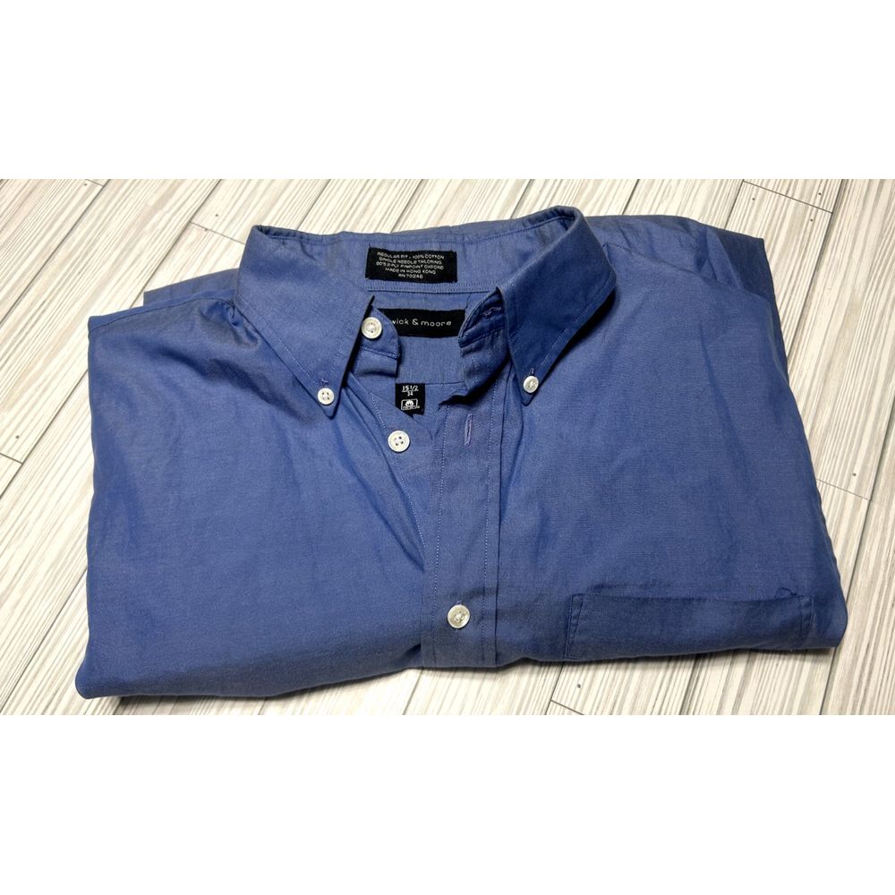 Preswick & Moore Mens Solid Blue Dress Shirt‎ Oxford Long Sleeve Size 15.5/34